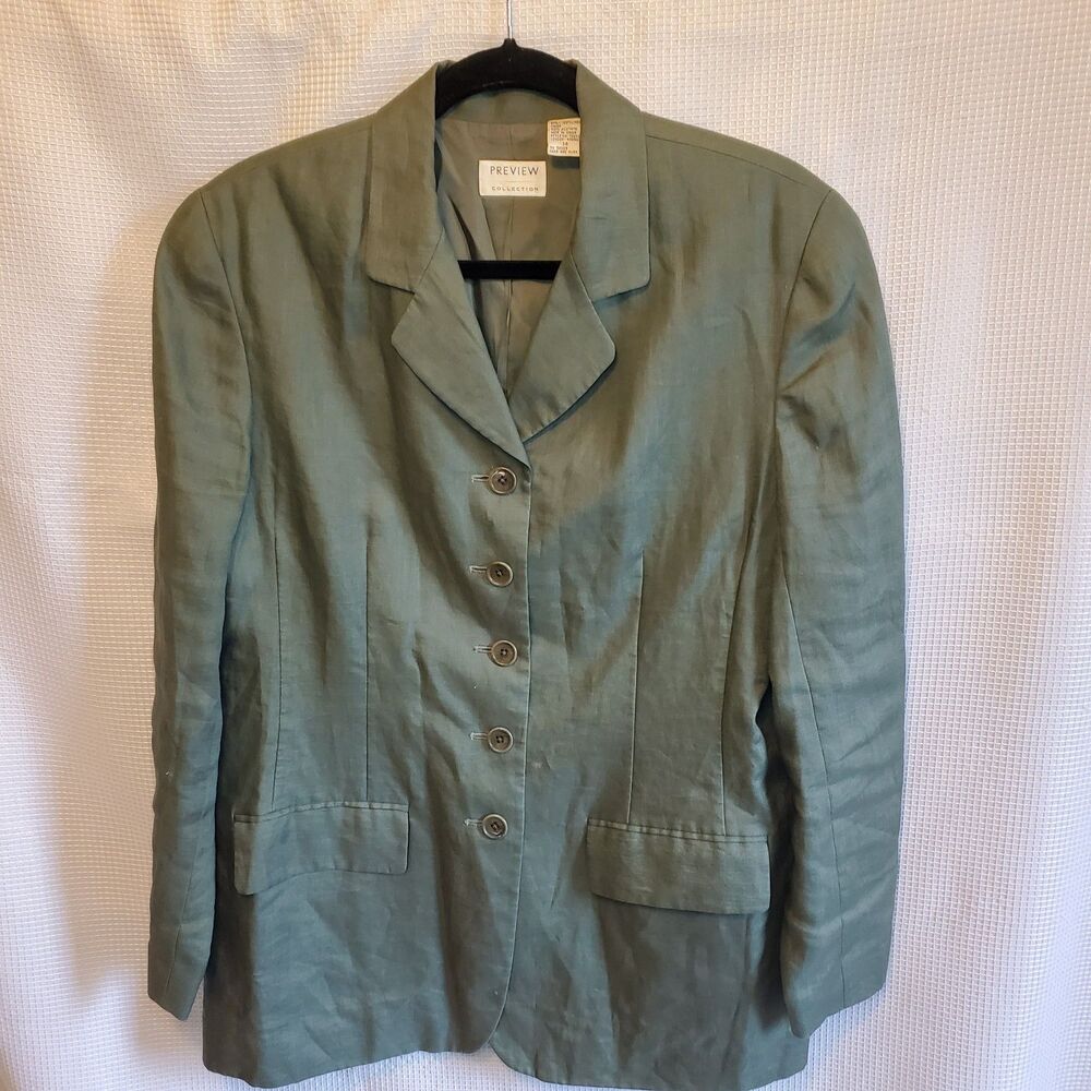 Vtg Preview Collection Womens 14 100% Linen Blazer Green Button Front Summer